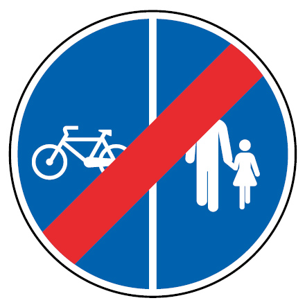 Sinal de trânsito de fim de pista obrigatória para peões e velocípedes (com separação) Sinal de trânsito de fim de pista obrigatória para peões e velocípedes (com separação)